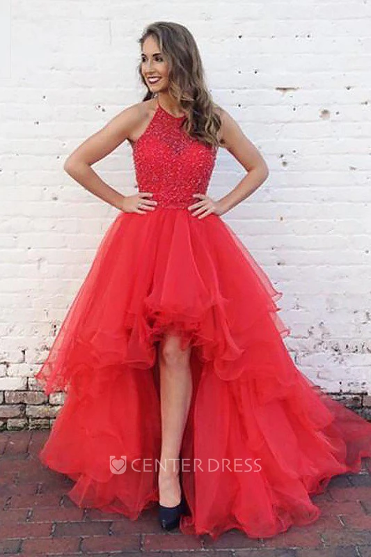 Sleeveless Asymmetrical High-Low A-Line Halter Organza Dress