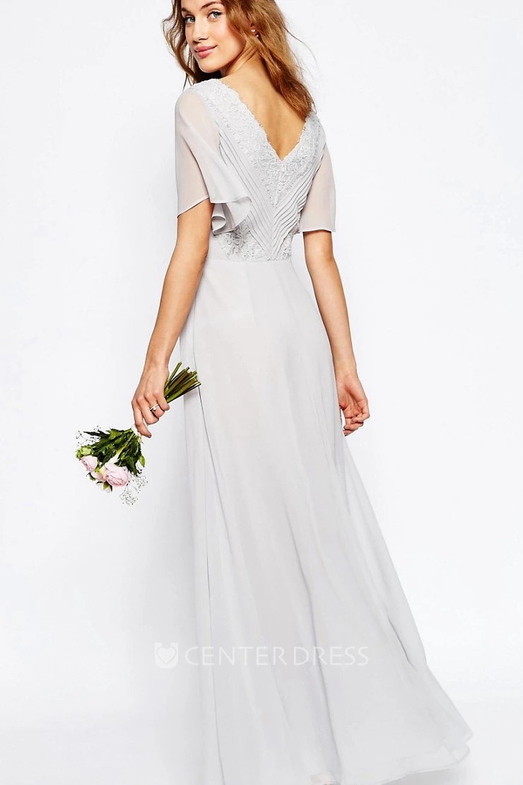 Ankle-Length Ruched V-Neck Poet Sleeve Chiffon Bridesmaid Dress With Appliques