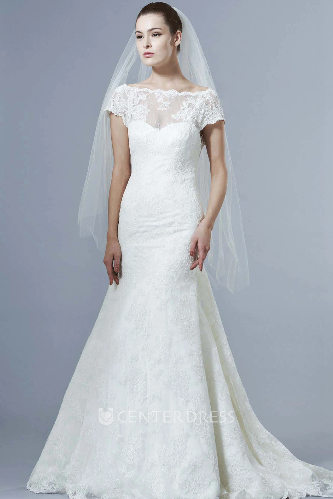 Mermaid Bateau Neck Cap Sleeve Appliqued Lace Wedding Dress