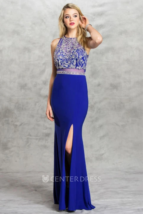 Sheath High Neck Sleeveless Jersey Illusion Dress With Beading And Split Front
