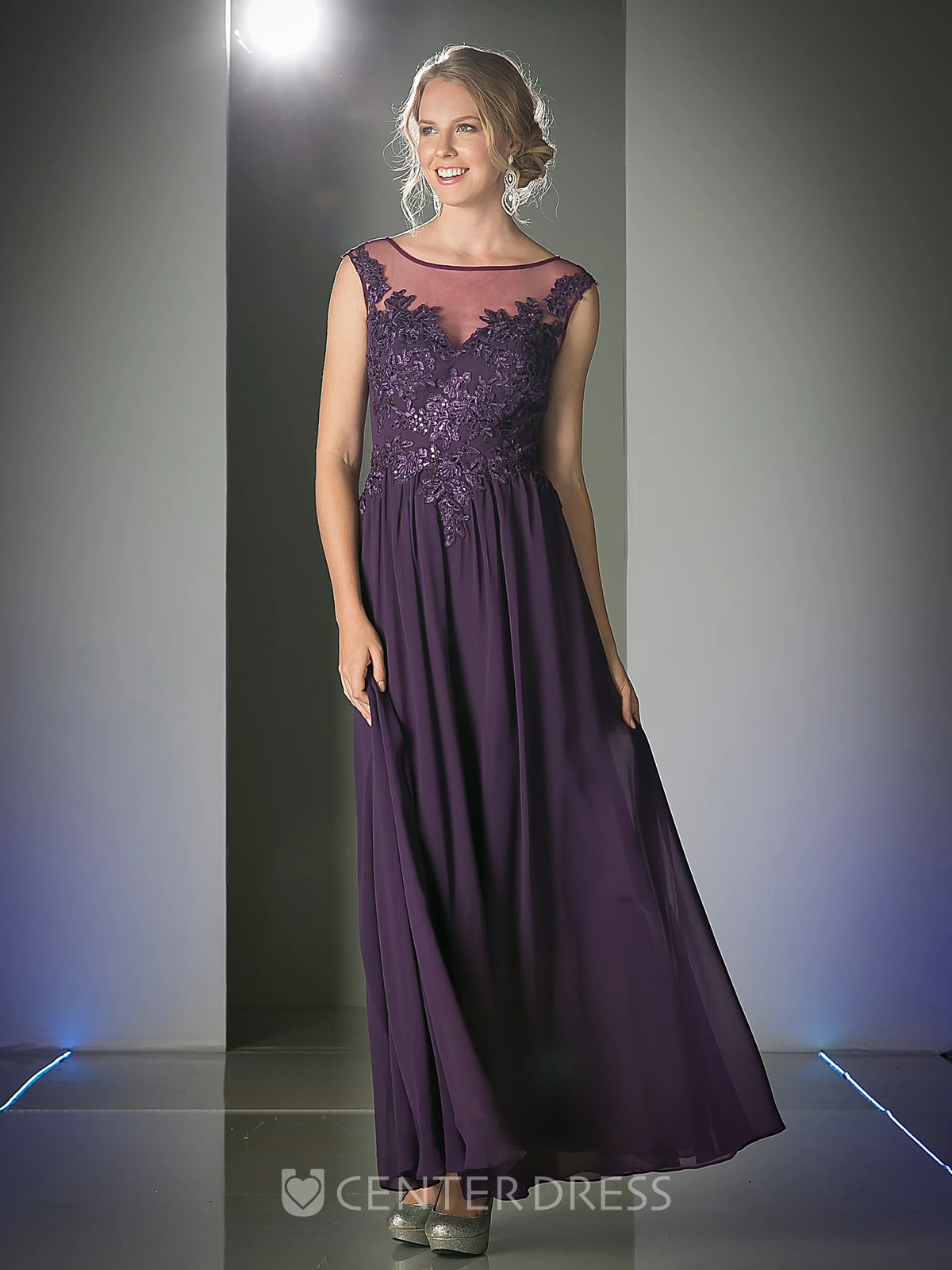 Sheath Ankle-Length Scoop-Neck Sleeveless Chiffon Illusion Dress With Appliques