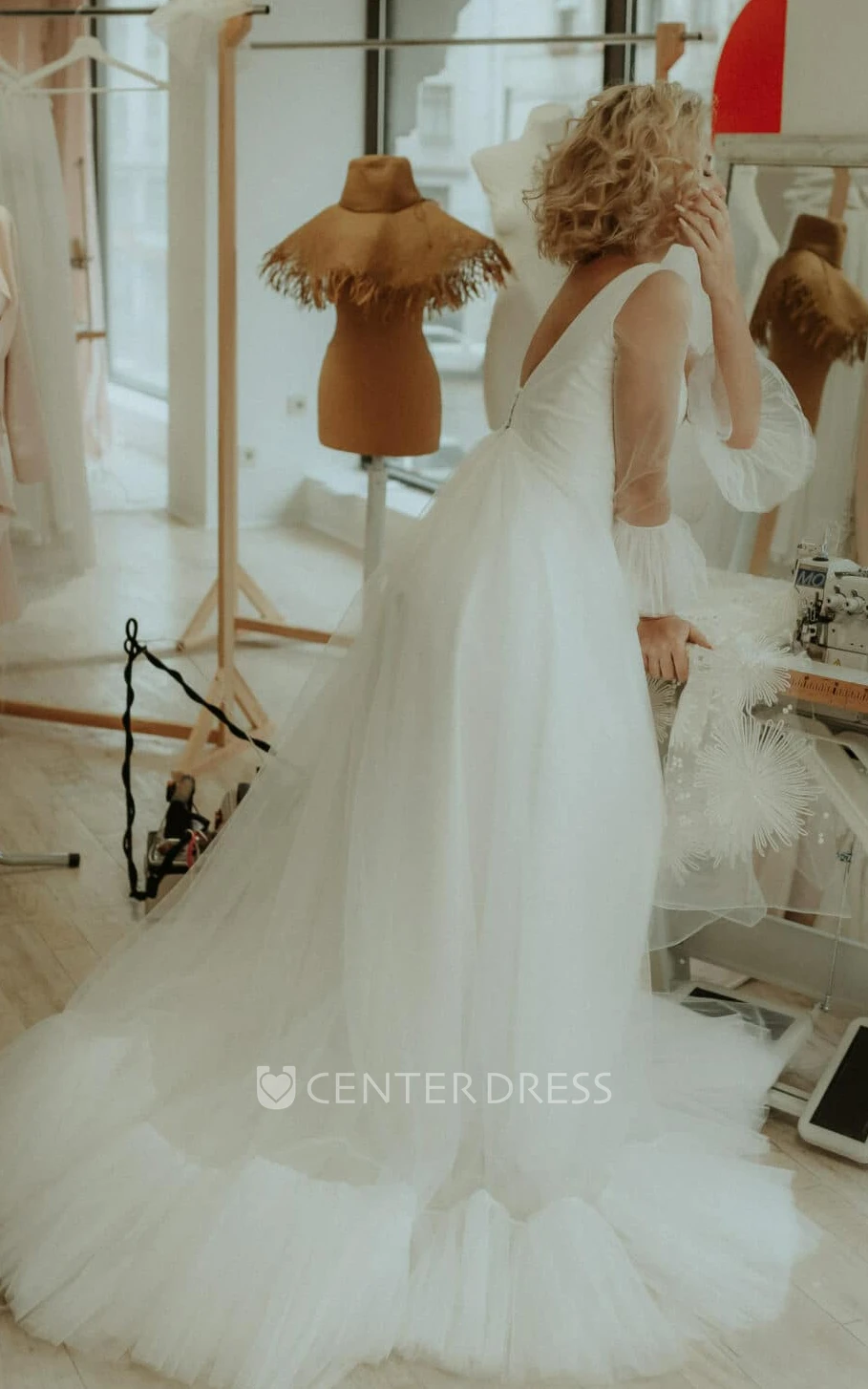 Romantic Tulle V-neck Bell A Line Wedding Dress with Ruching