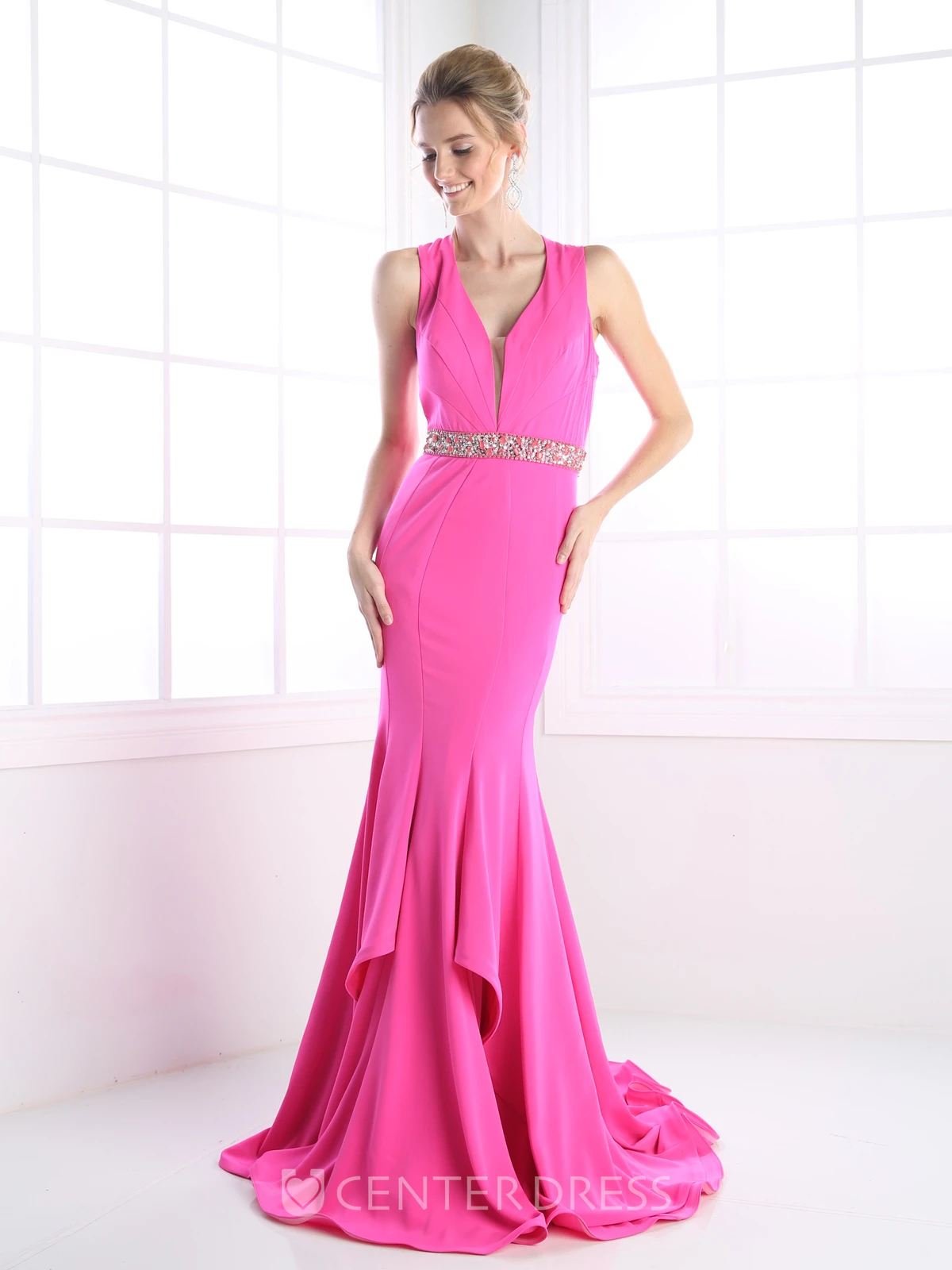 Sheath Long V-Neck Sleeveless Jersey Keyhole Dress With Waist Jewellery