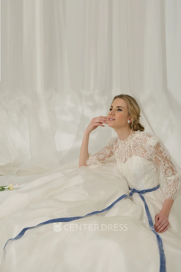 High Neck Maxi Lace Puff-Sleeve Satin Wedding Dress