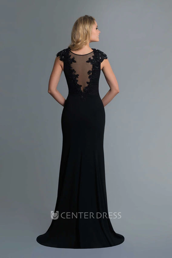 Sheath Jewel-Neck Cap-Sleeve Jersey Illusion Dress With Appliques