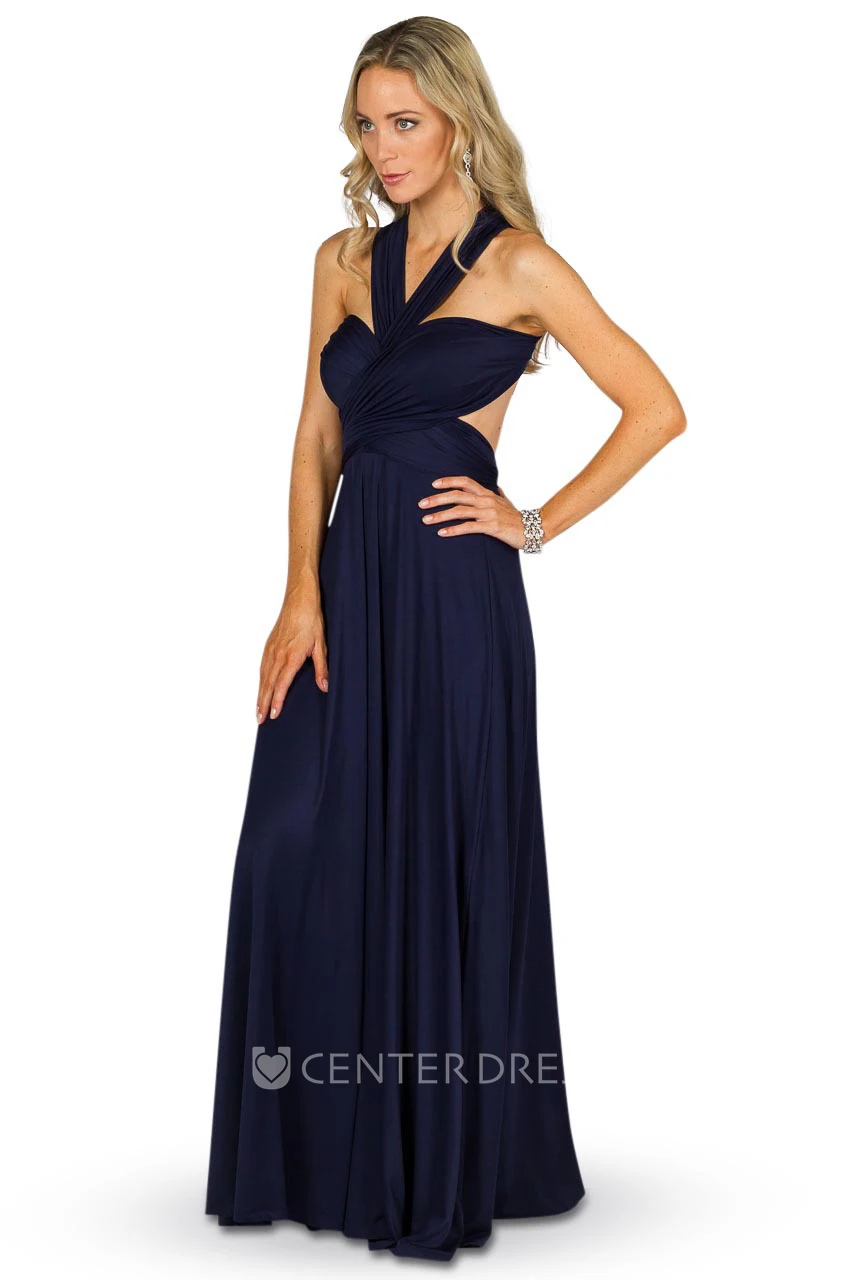 A-Line Haltered Ruched Sleeveless Maxi Chiffon Convertible Bridesmaid Dress