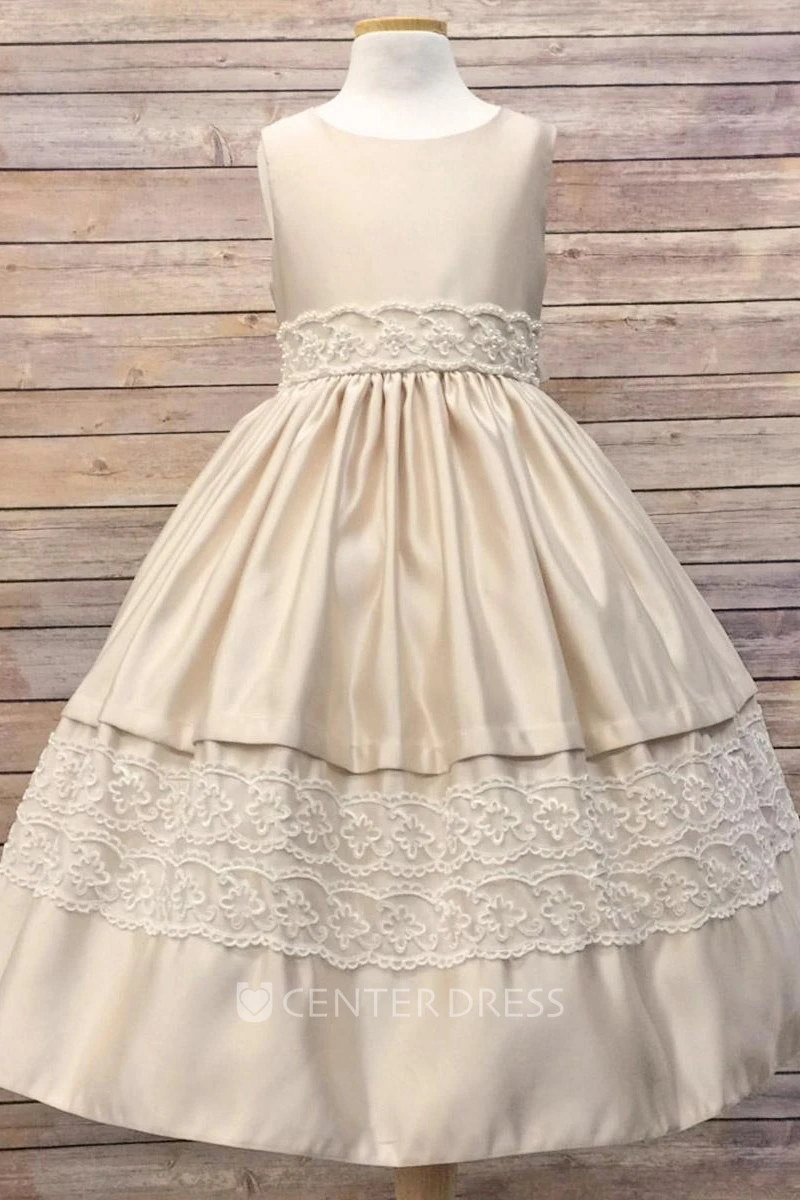Tea-Length Tiered Sequined Tulle&Lace Flower Girl Dress