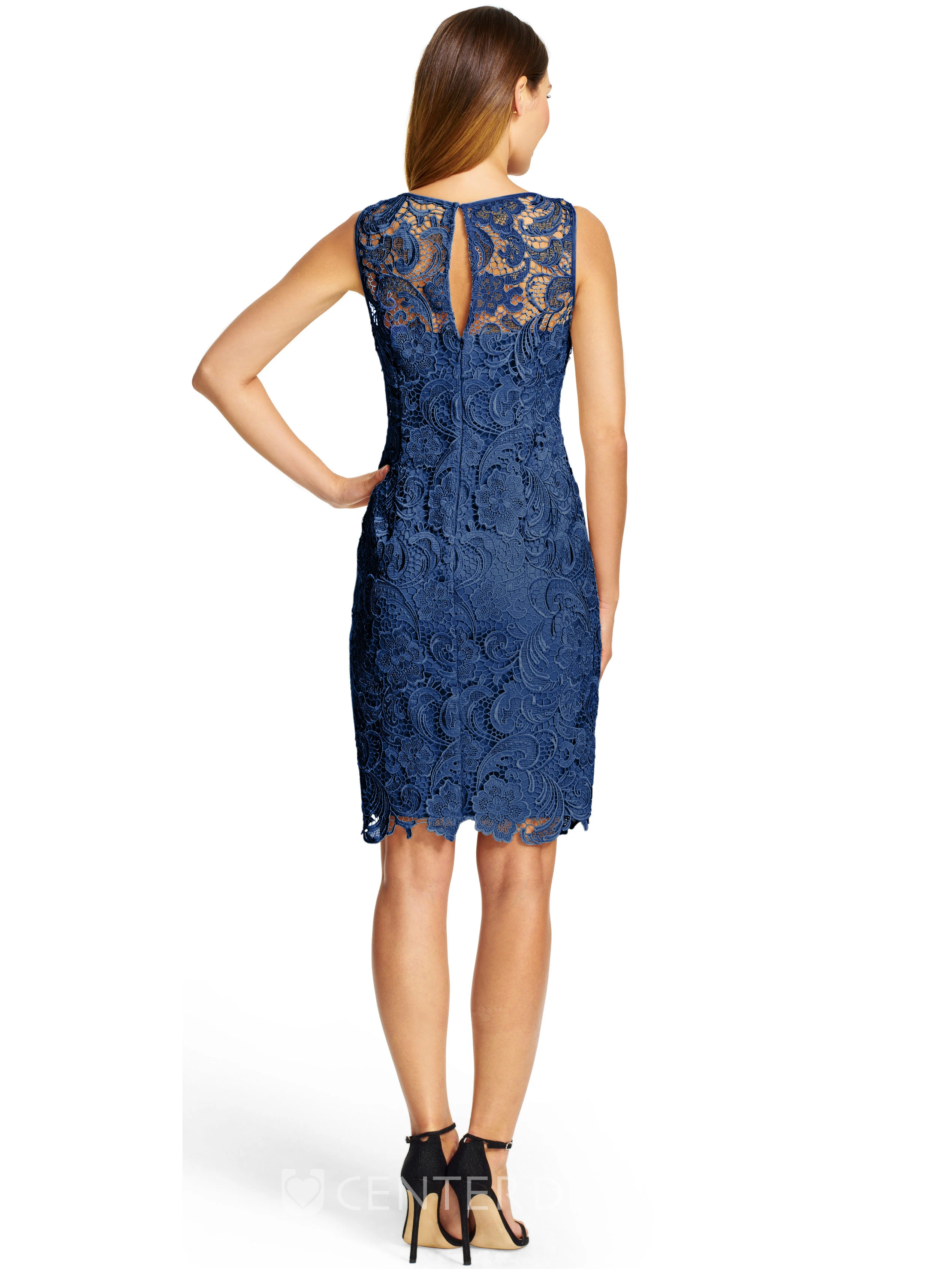 Mini Sheath Bateau Neck Appliqued Sleeveless Lace Bridesmaid Dress With Keyhole