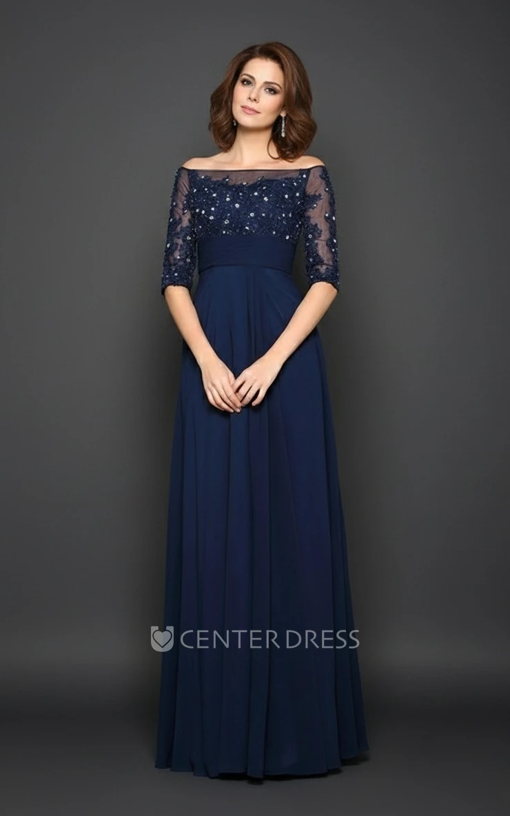 Off-the-shoulder Half Sleeve A-Line Chiffon Lace Appliques Elegant Floor-length Zipper Illusion Back Mother of the Bride Dress