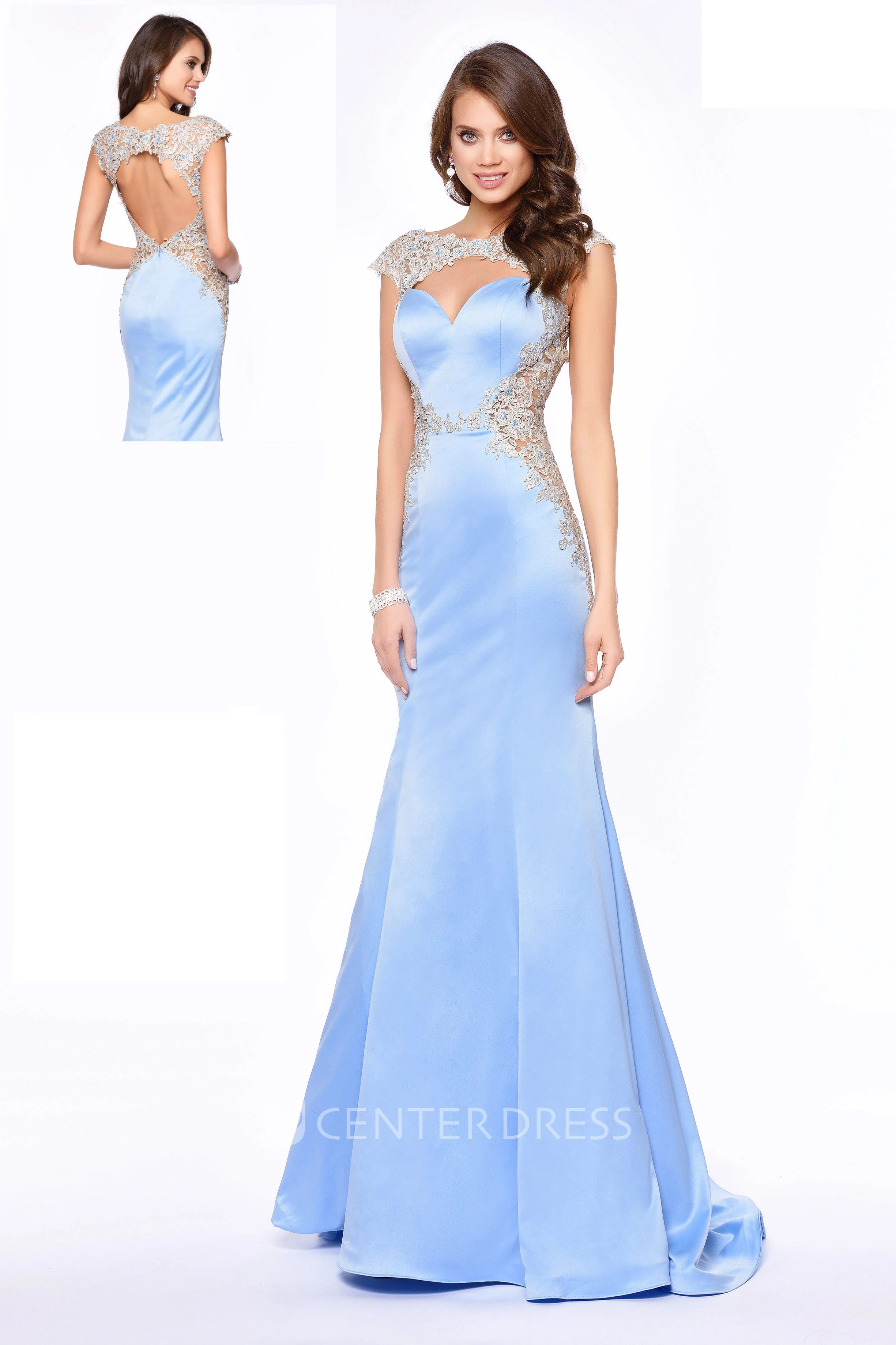 Sheath Long Bateau Cap-Sleeve Satin Keyhole Dress With Appliques
