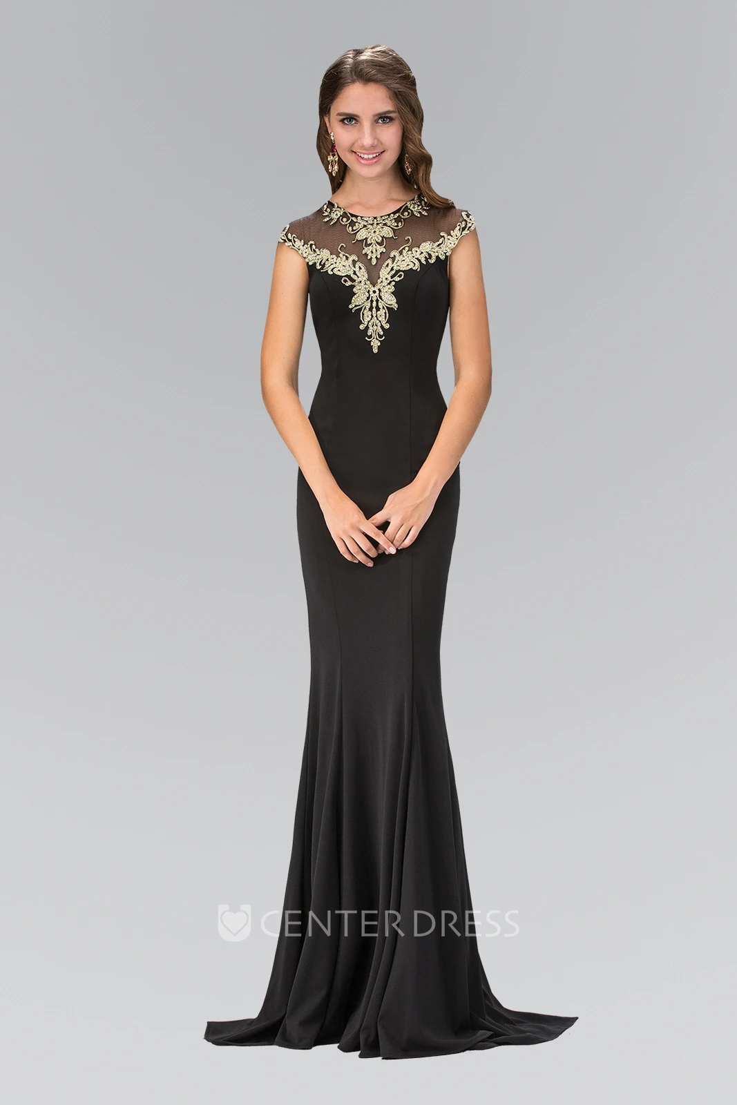Sheath Long Scoop-Neck Cap-Sleeve Jersey Illusion Dress With Beading