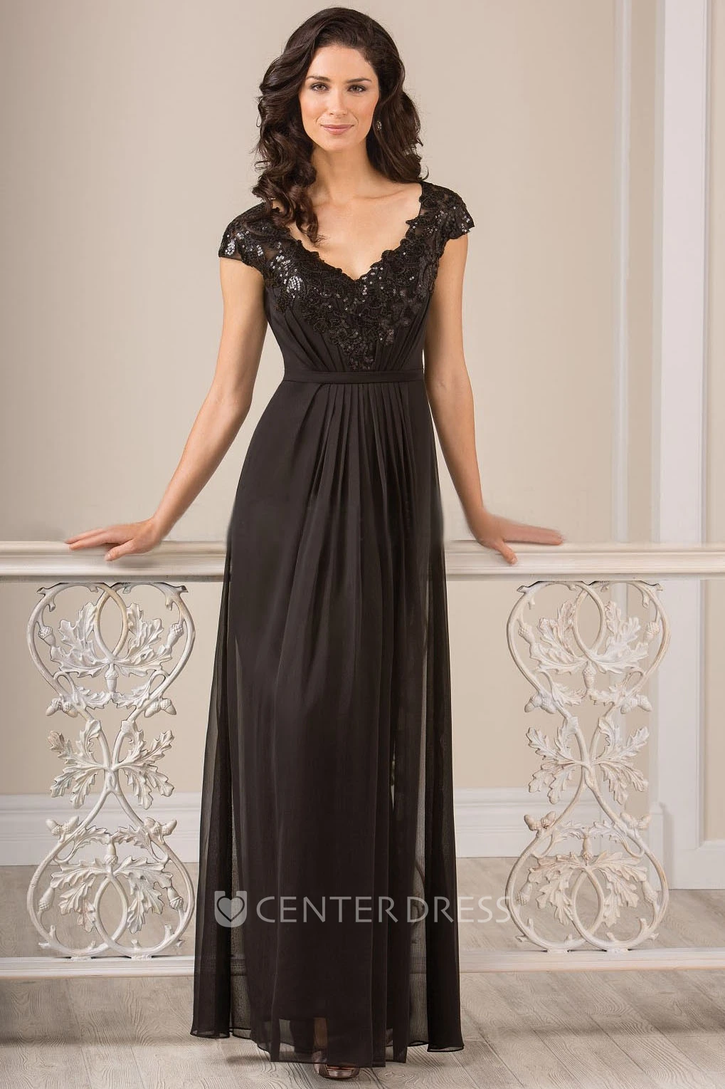 Cap-Sleeved A-Line Long Gown With Sequins And Keyhole Back