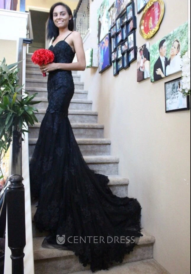 Mermaid/Trumpet Sleeveless Chapel Train Straps Open Back Zipper Appliques Lace Black Wedding Dress