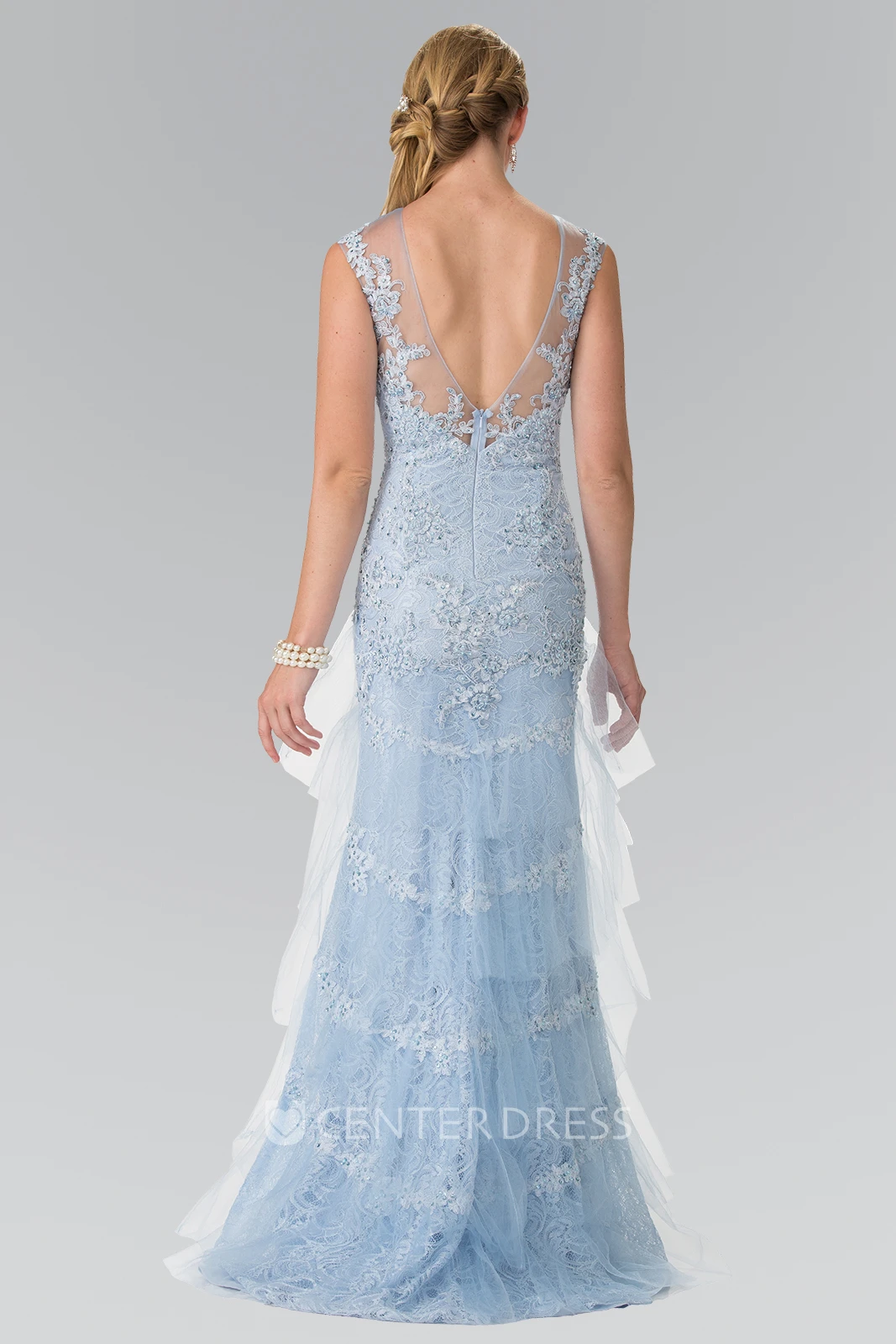 Sheath Maxi Scoop-Neck Sleeveless Tulle Lace Low-V Back Dress With Beading And Tiers