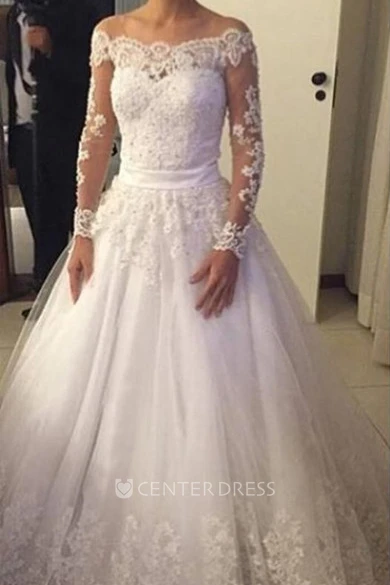 Elegant Long Sleeve Pleated A-line Lace Gown With Lace Back and Bow Belt