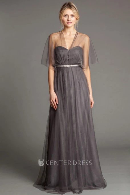 A-Line Sleeveless Maxi Sweetheart Ruched Tulle Bridesmaid Dress
