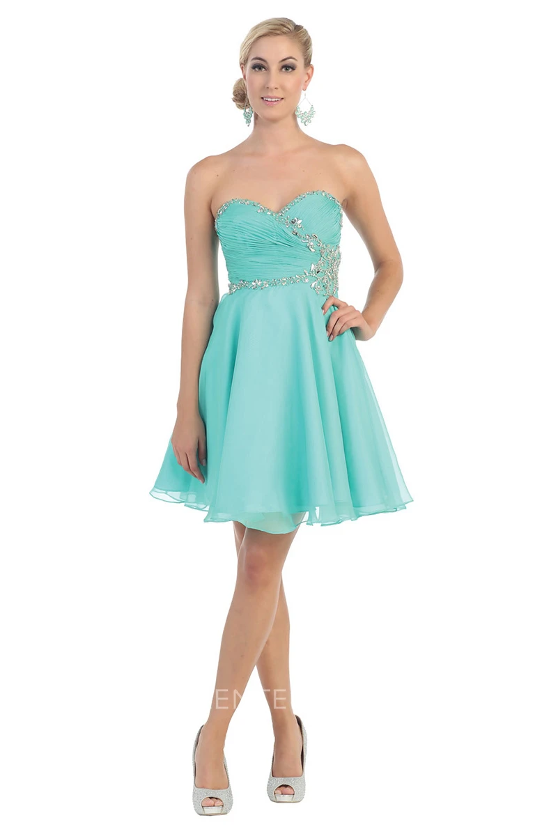 A-Line Mini Sweetheart Sleeveless Chiffon Zipper Dress With Criss Cross And Beading