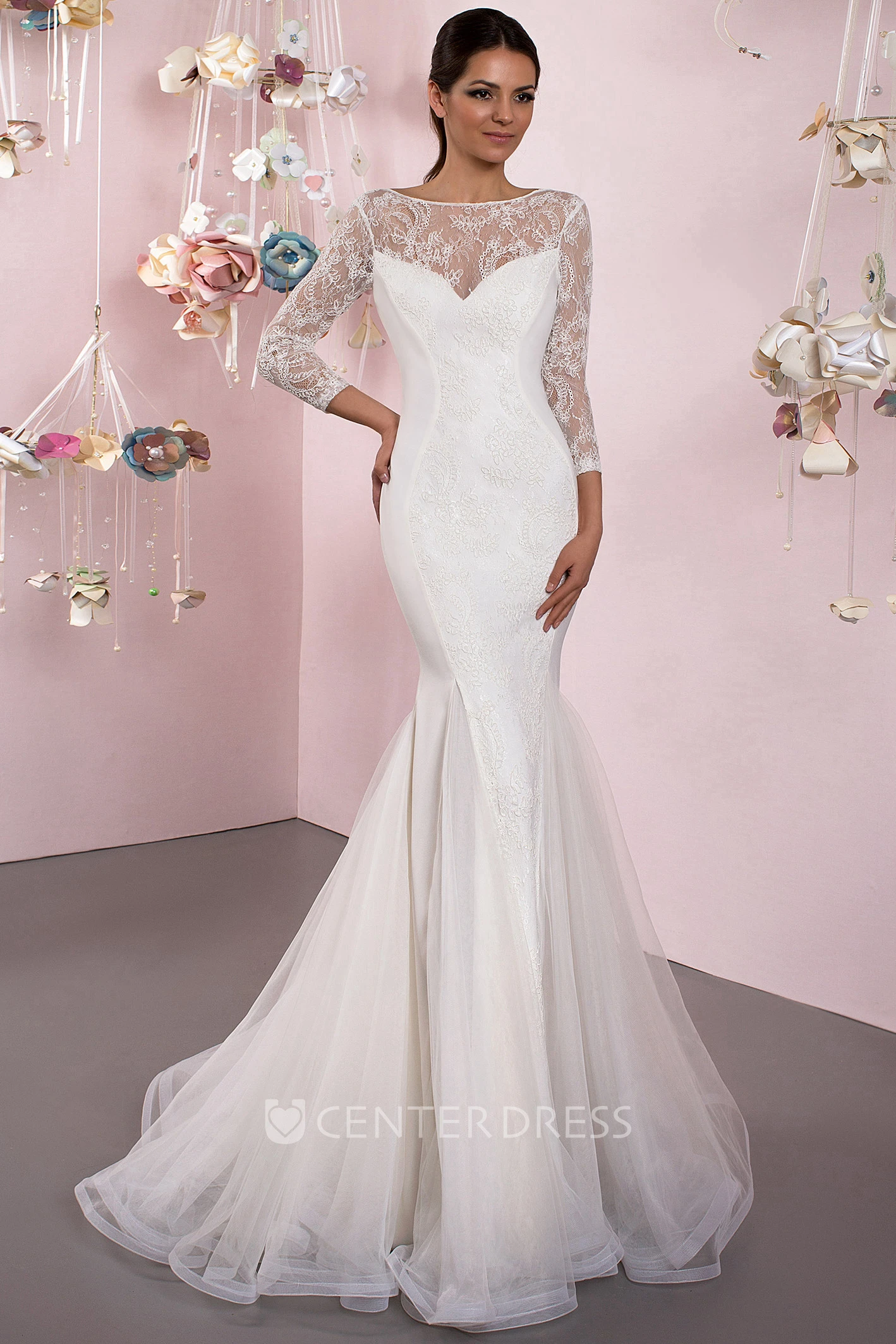 Mermaid 3-4 Sleeve Lace Bateau Neck Tulle Wedding Dress With Brush Train