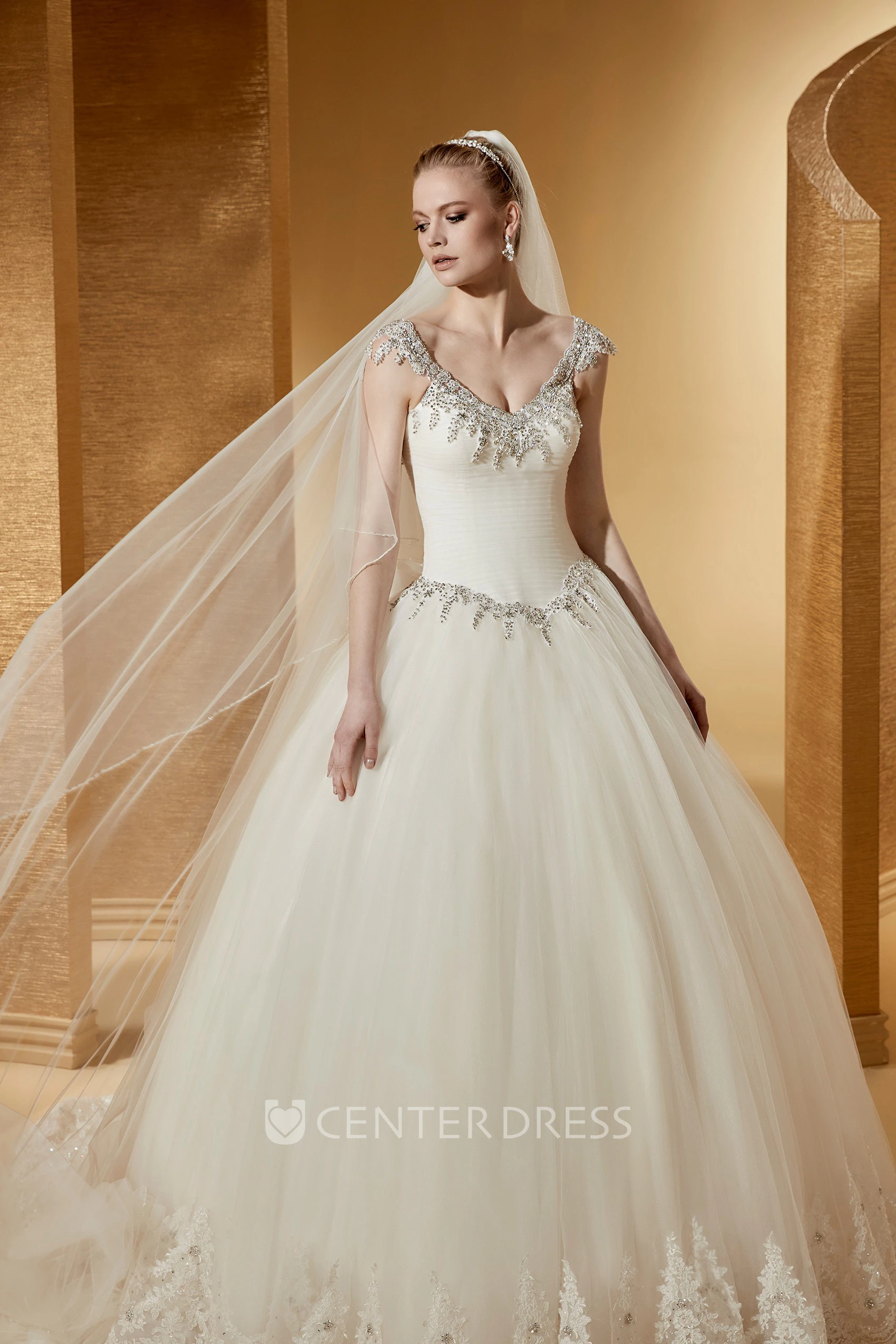 Fancy Beaded V-Neck Cap Sleeve Ball Gown With Embroideries And Open Back