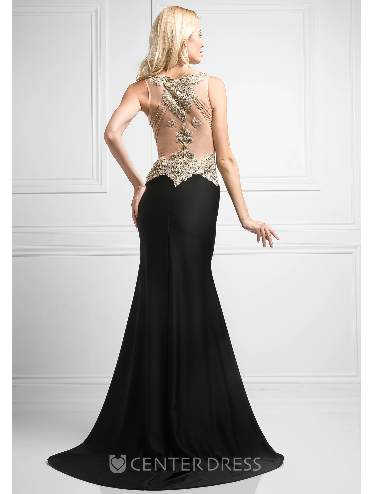Sheath V-Neck Sleeveless Jersey Illusion Dress With Beading And Split Front