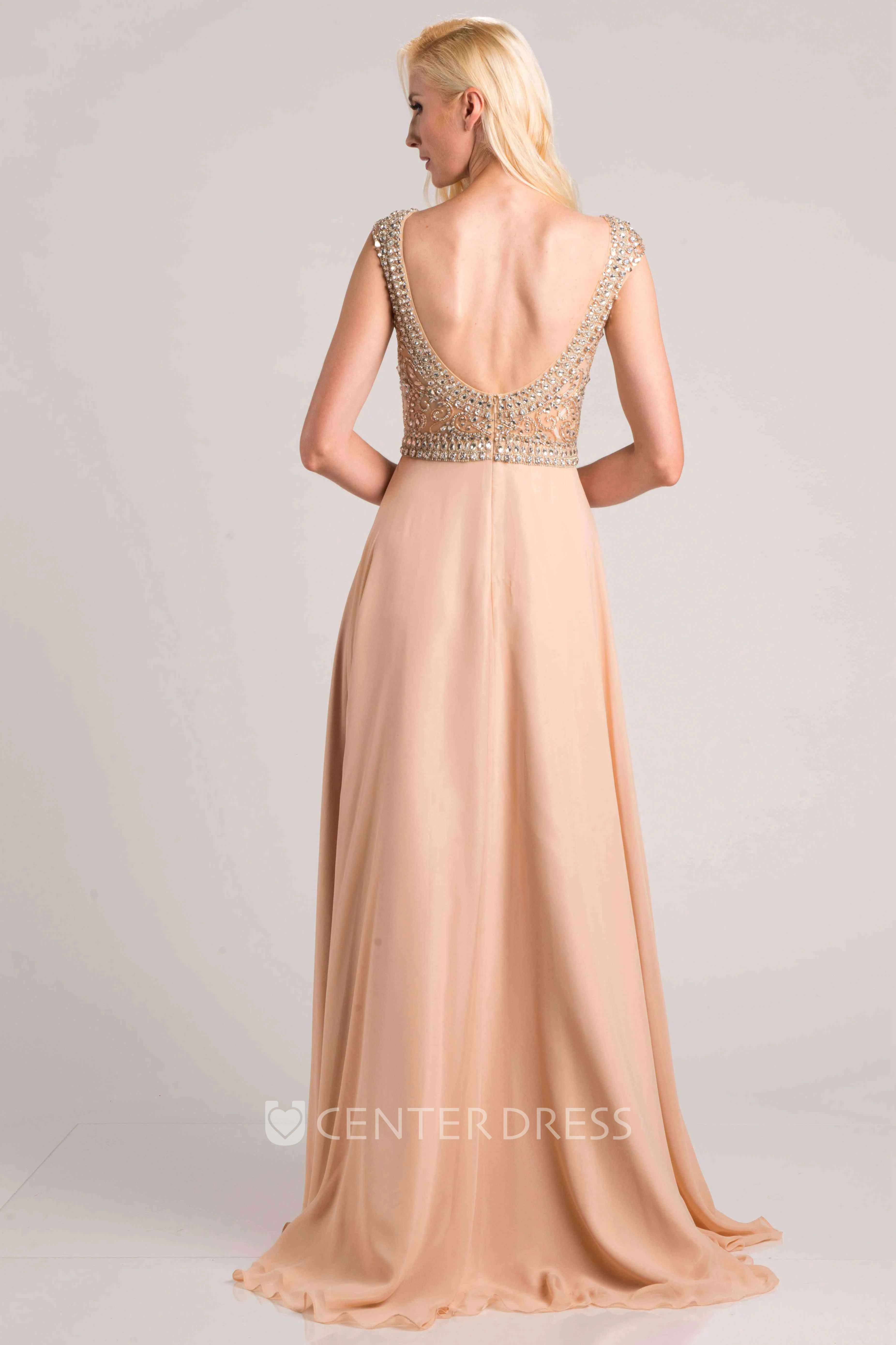 Jeweled Bodice Cap Sleeve Chiffon A-Line Prom Dress With Bateau Neck