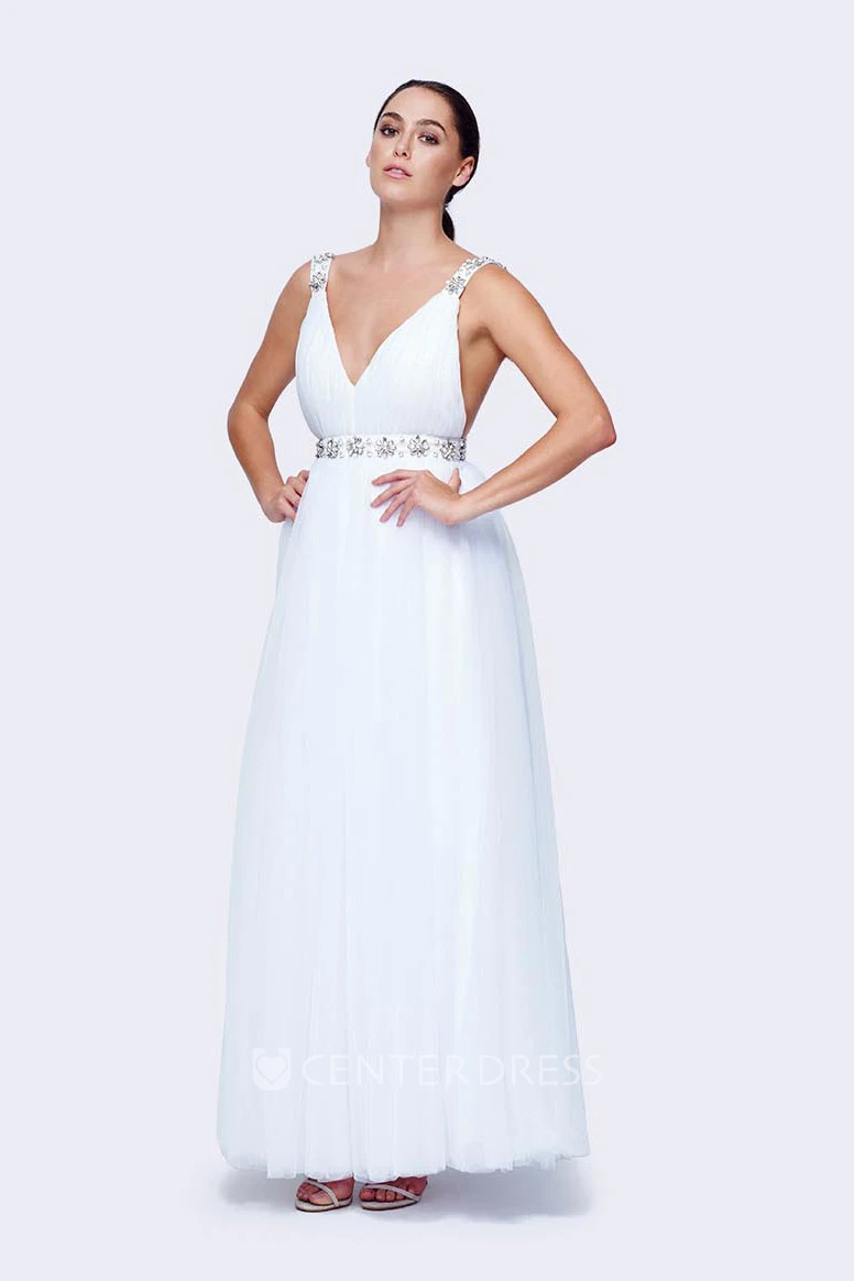 A-Line Ankle-Length V-Neck Sleeveless Tulle Wedding Dress With Waist Jewellery And Backless Design