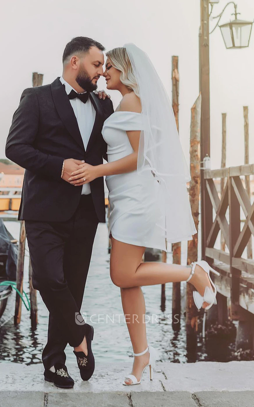 Bodycon Sleeveless Off-the-shoulder Satin Informal Spring Wedding Dress Short Hemline