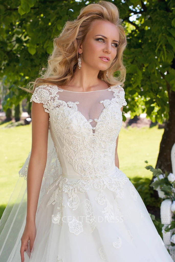 Ball Gown Cap Sleeve Appliqued Bateau Neck Tulle Wedding Dress