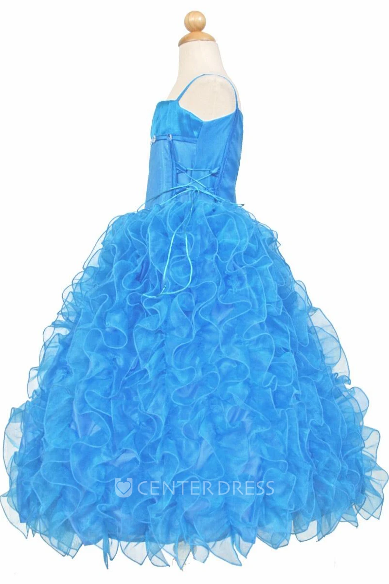 Spaghetti Floor-Length Ruffled Tiered Lace&Organza Flower Girl Dress