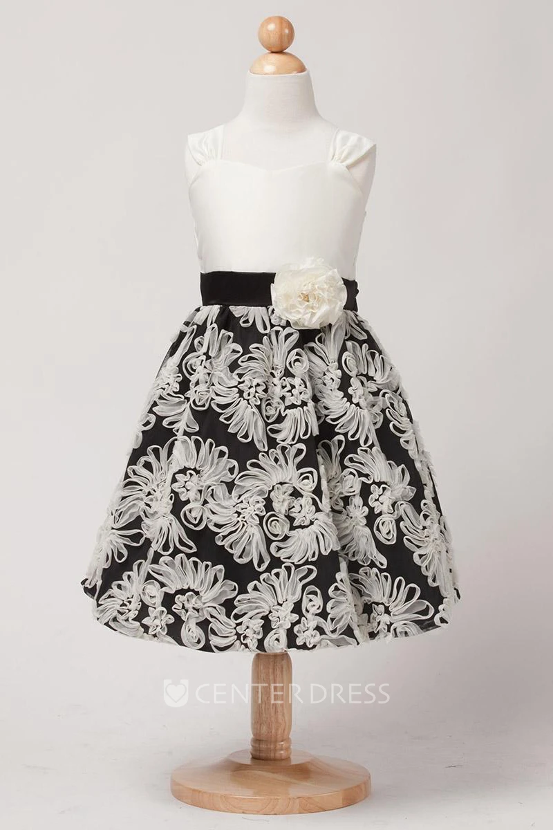 Floral Tea-Length Tiered Satin Flower Girl Dress With Embroidery