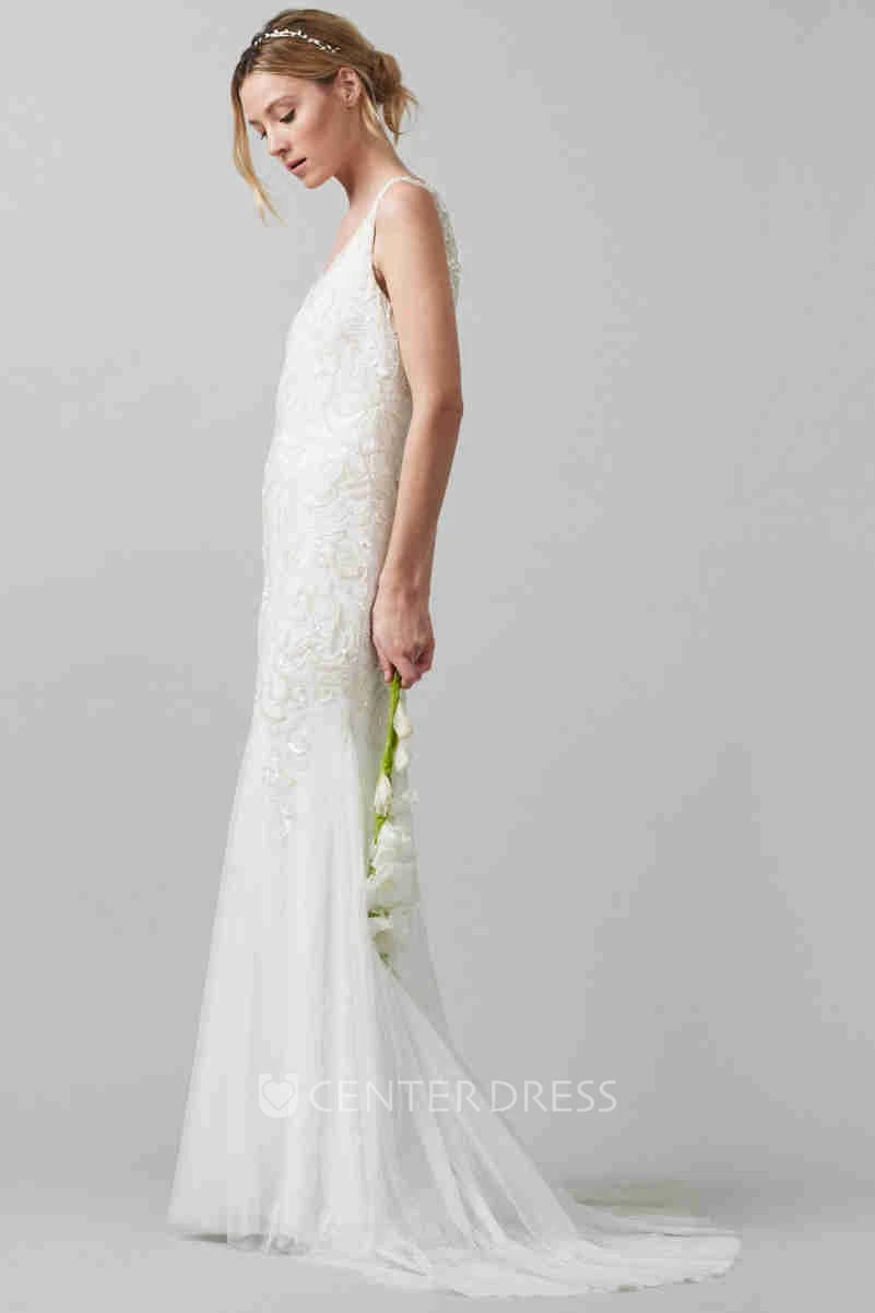 Sheath V-Neck Sleeveless Tulle Wedding Dress