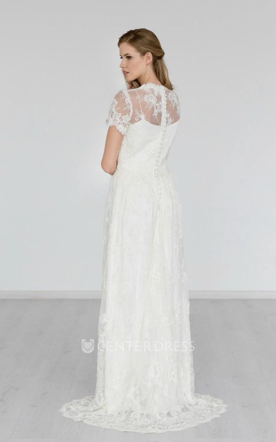 Boho High Neck Cap Sleeve A-Line Lace Spring Wedding Dress With Brush Train