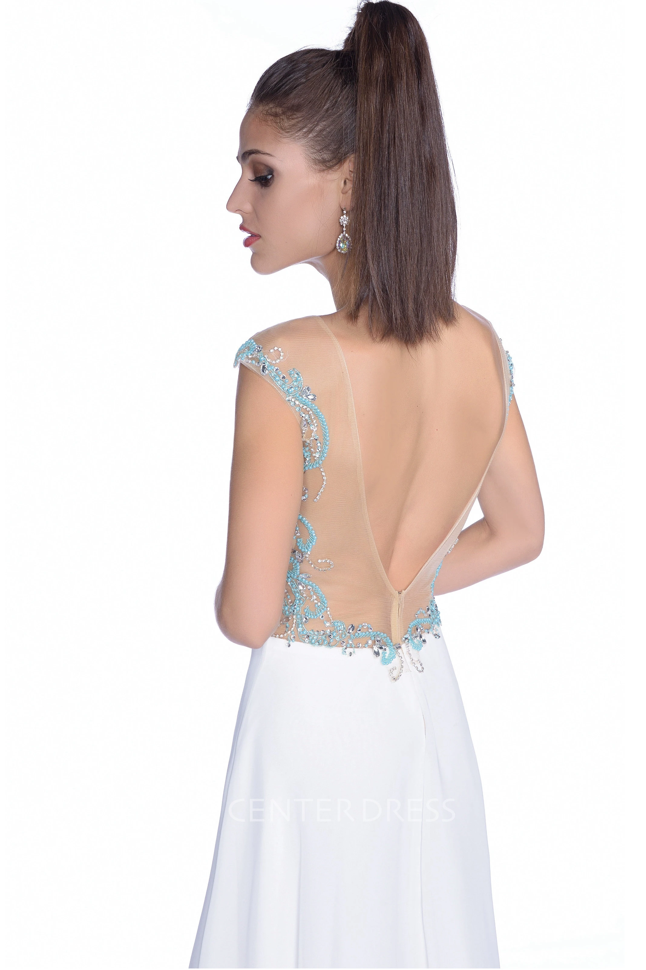 Sheath Chiffon Sleeveless Prom Dress With Deep V-Back And Jeweled Bodice