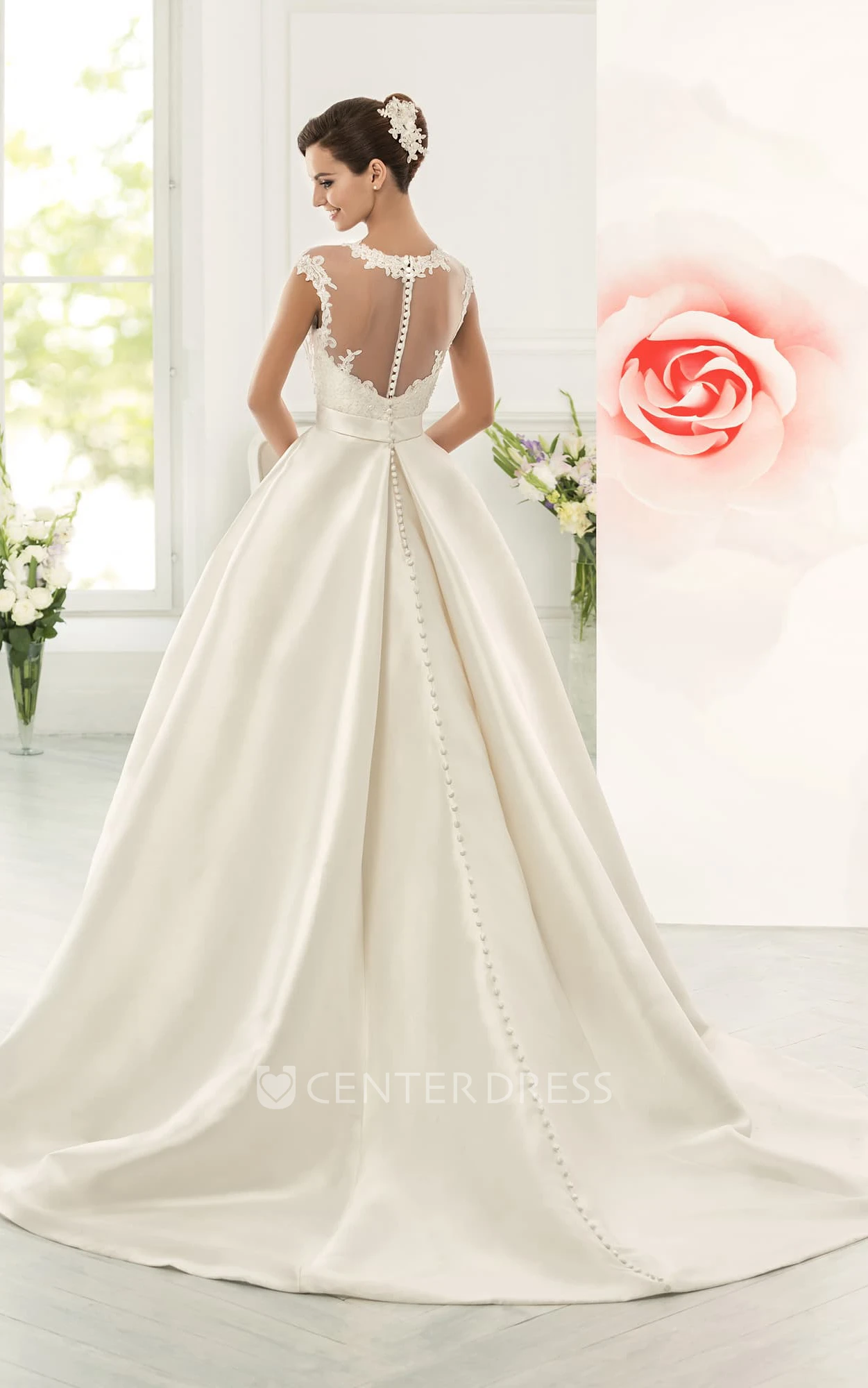 Jeweled Neck Cap Sleeve A-line Satin Wedding Dress With Lace Bodice