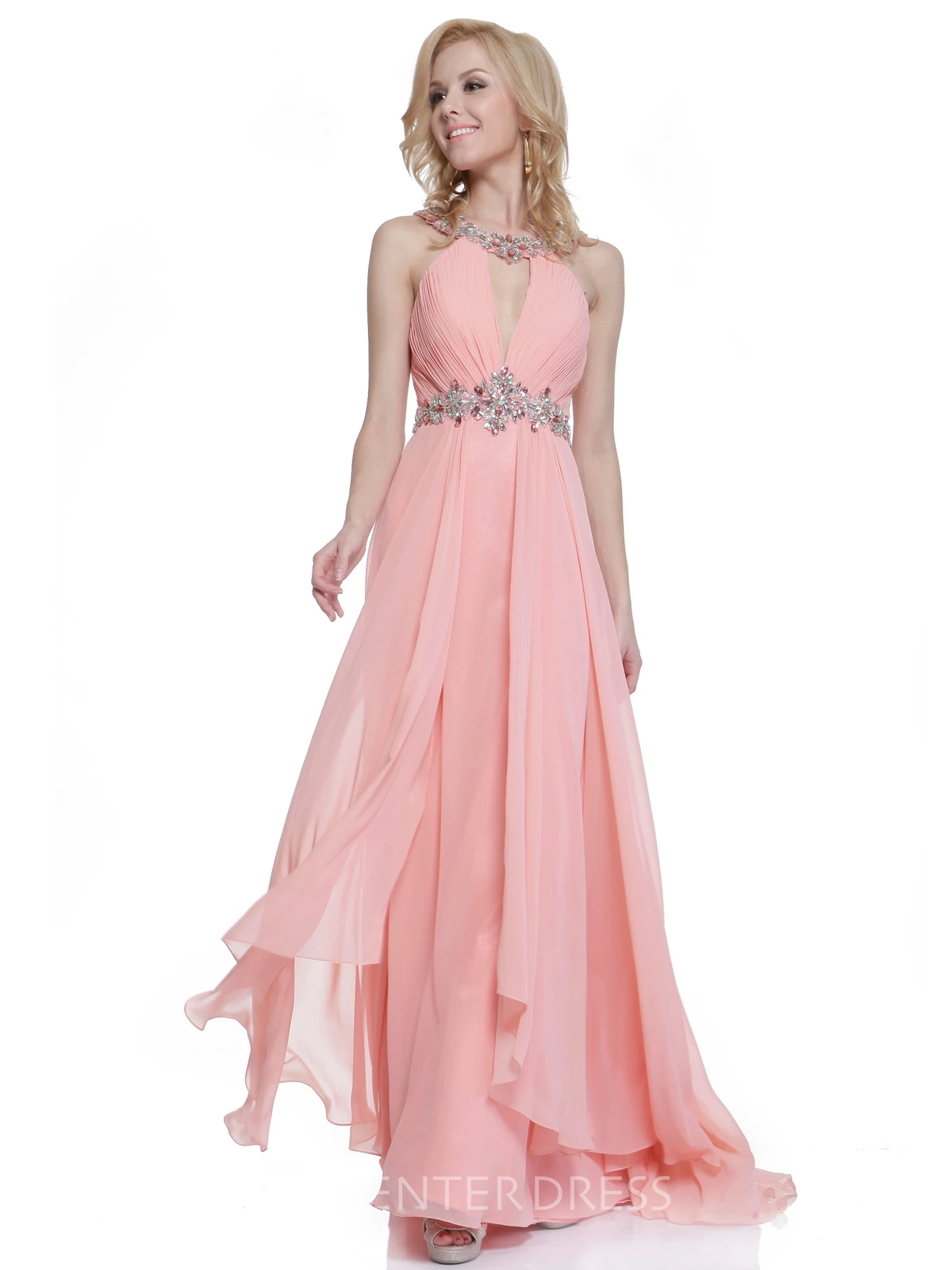 A-Line Long Scoop-Neck Sleeveless Chiffon Straps Dress With Ruching And Beading
