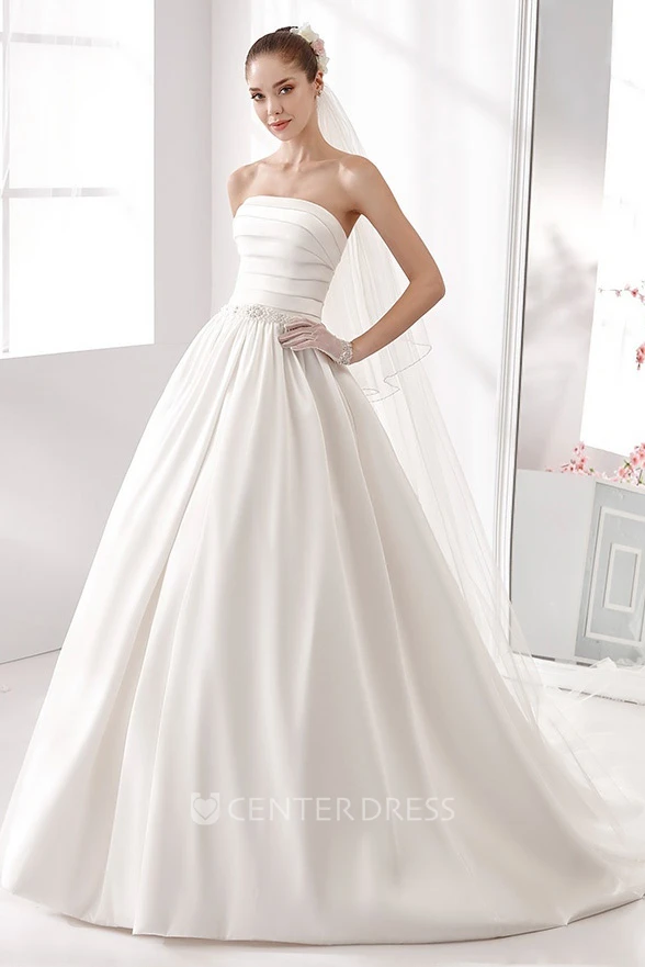 Strapless Pleating A-Line Satin Gown With Pearl Belt And Brush Train