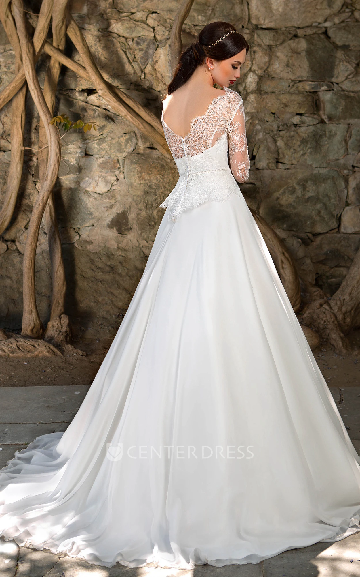 A-Line Long High-Neck Illusion-Sleeve Zipper Chiffon Dress With Lace Appliques And Pleatings