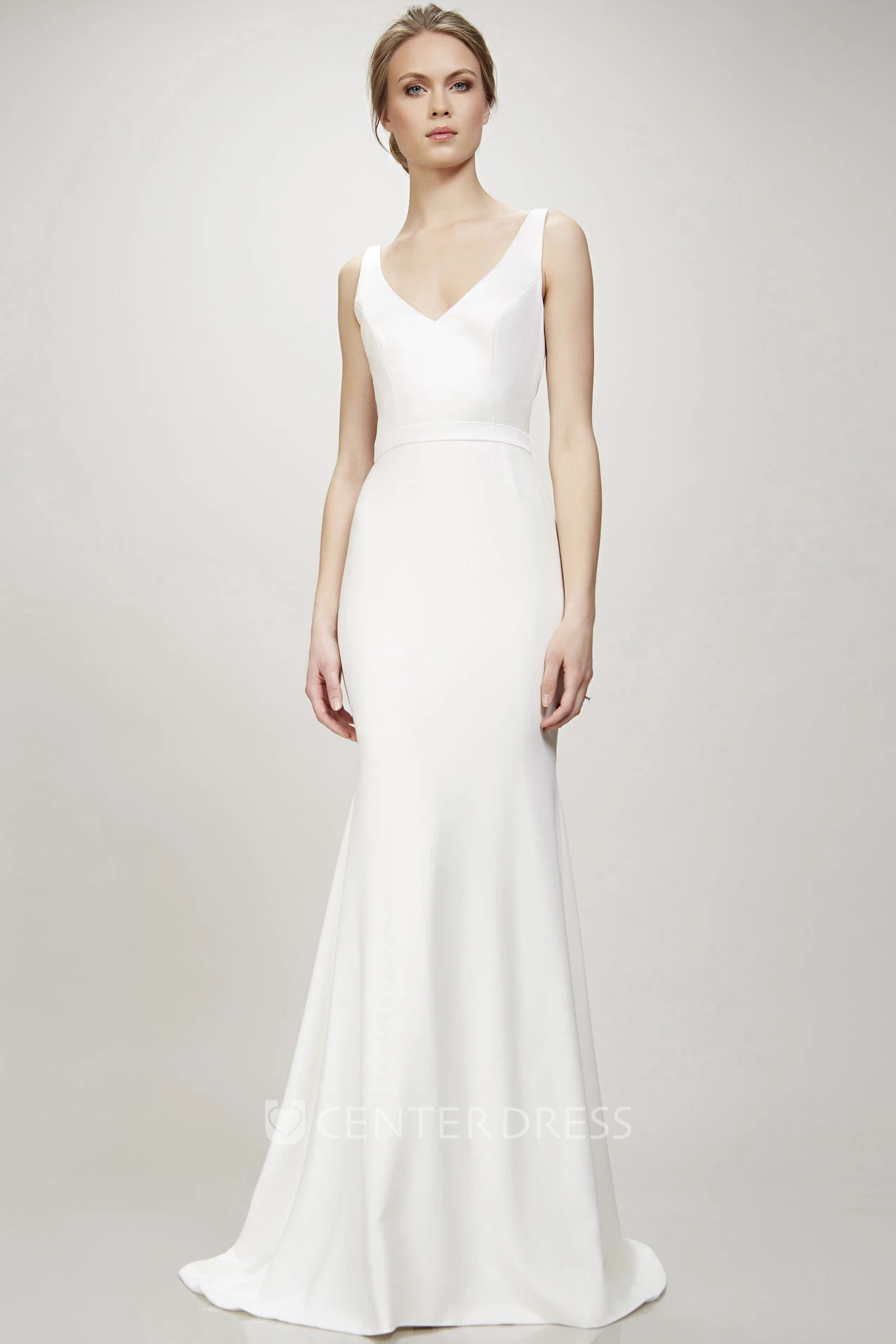 Long V-Neck Wedding Dress With Sweep Train And V Back