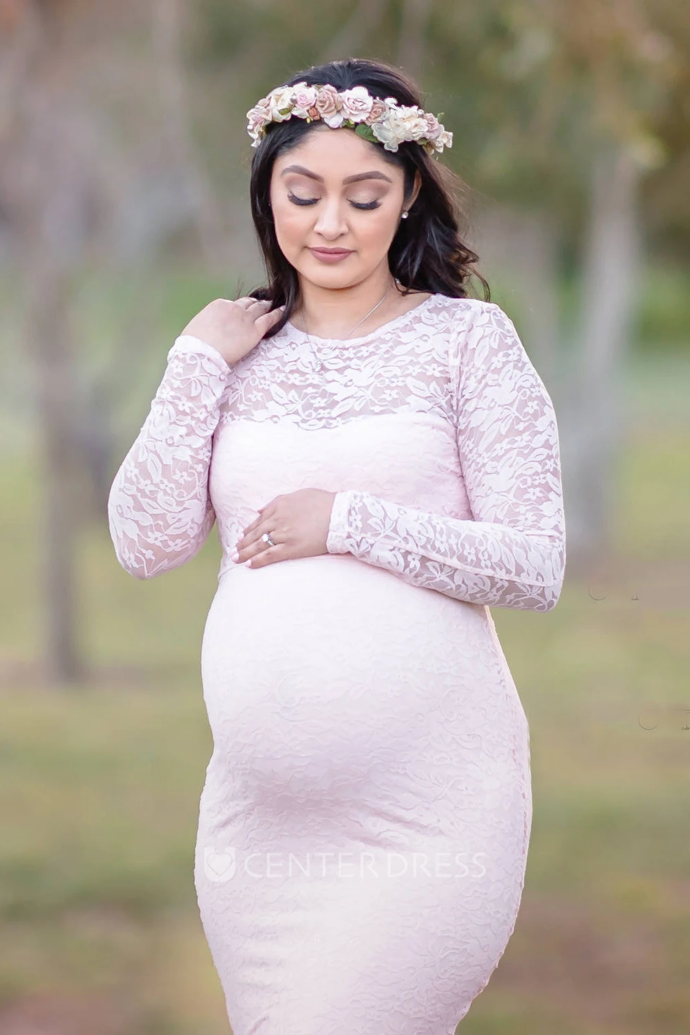 Sheath Sweep Brush Train Long Sleeve Empire Maternity Dress
