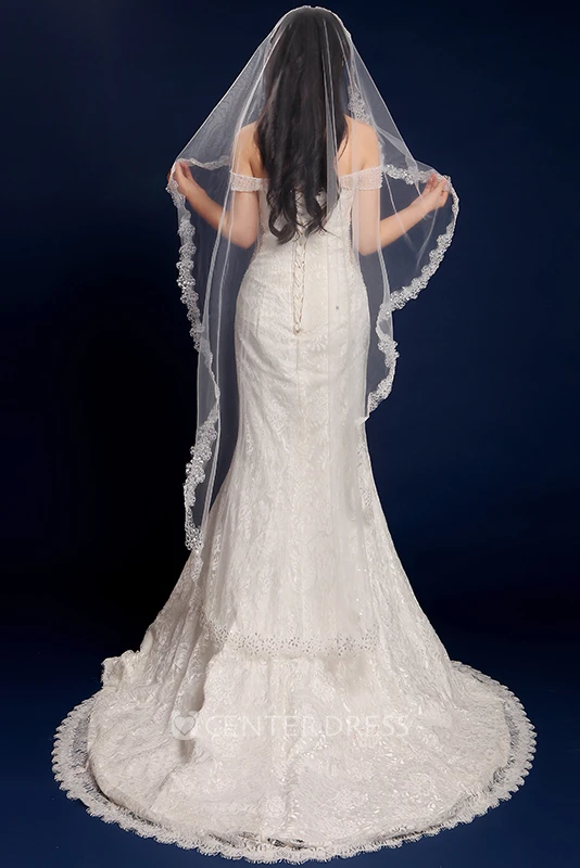 Long Tulle Wedding Veil with Lace Edge