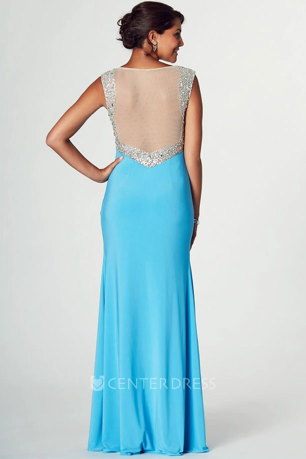V-Neck Sleeveless Beaded Jersey Prom Dress