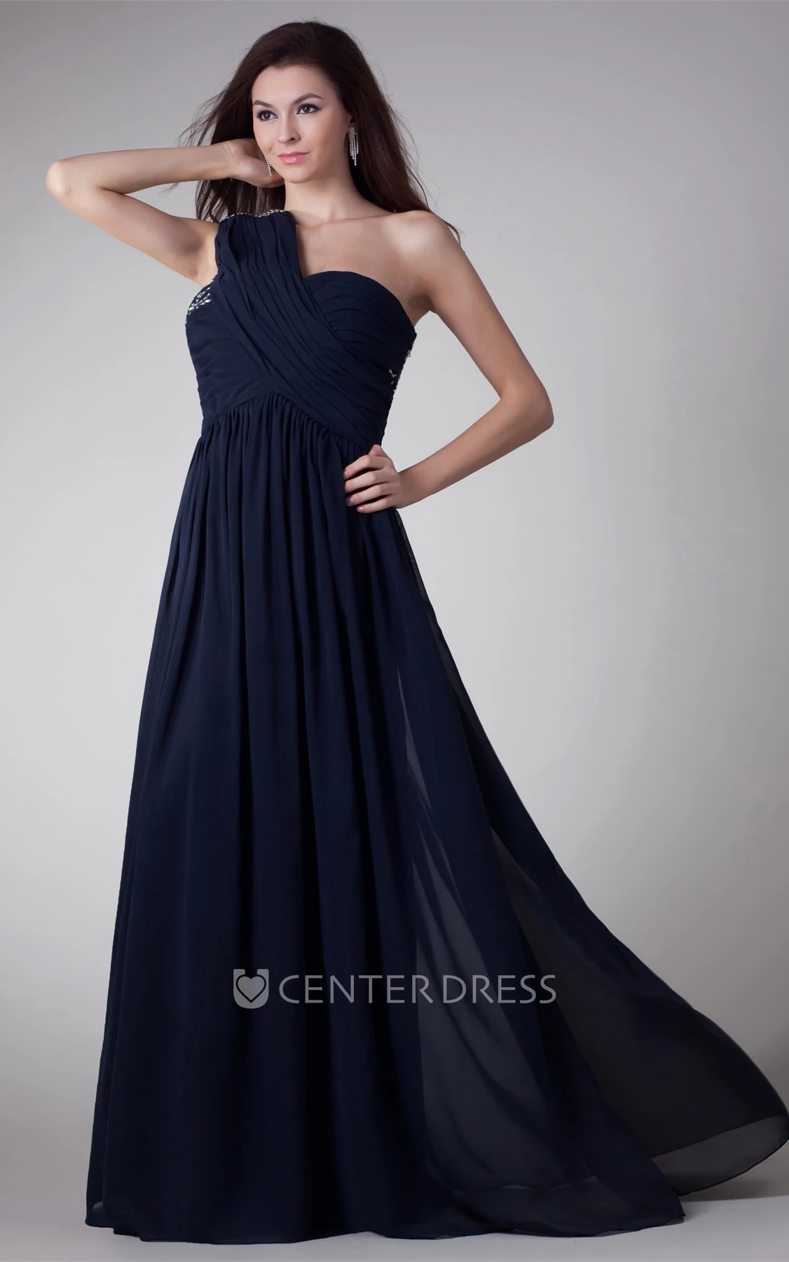 One-Shoulder A-Line Chiffon Maxi Formal Dress with Crystal Detailing