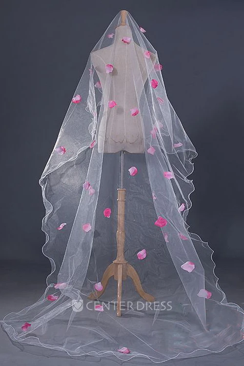  Korean Style 3 Meters Long Tailed Veil with Pink Petals