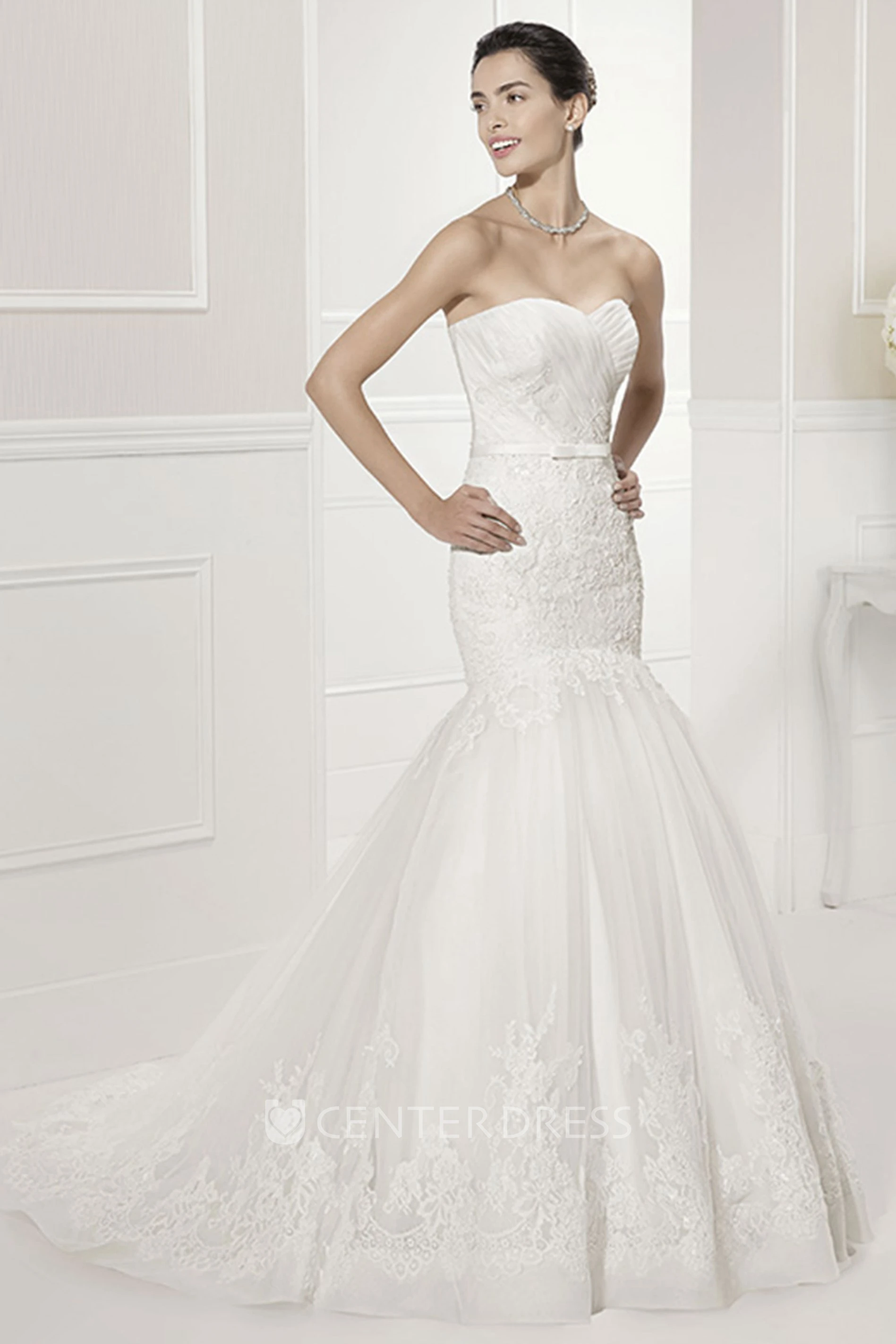 Criss-Cross Sweetheart Mermaid Tulle Bridal Gown With Lace And Belt