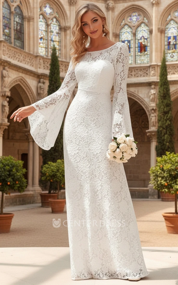 Elegant Modest Boho Long Bell Sleeve Column Spring Wedding Dress Ivory Backless Bateau Neckline Backless Reception Bridal Gown No Train