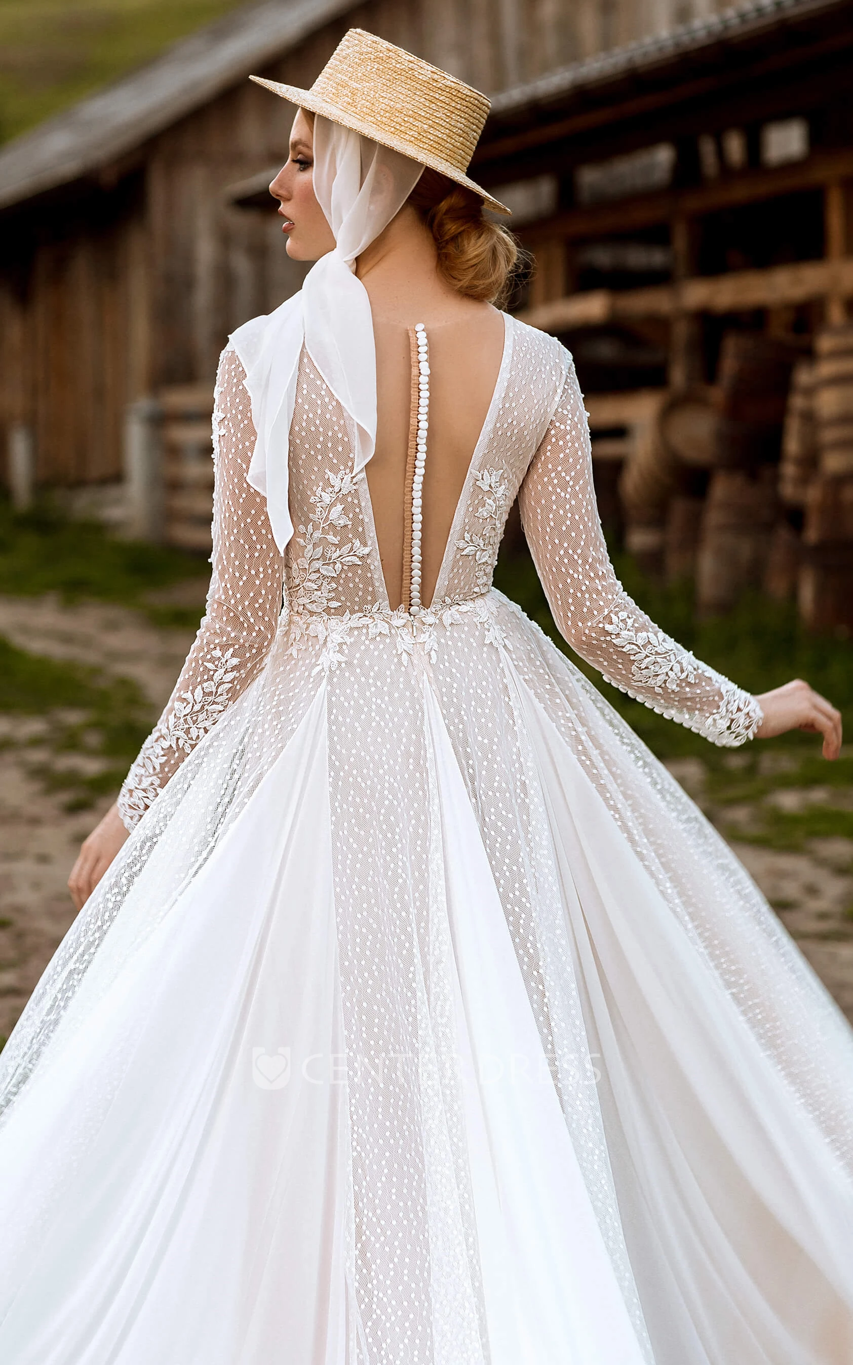 Romantic Lace A-Line Garden Winter Wedding Dress with V-neck and Button Back Lace A-Line Romantic Garden V-neck Button Back Winter Wedding Dress