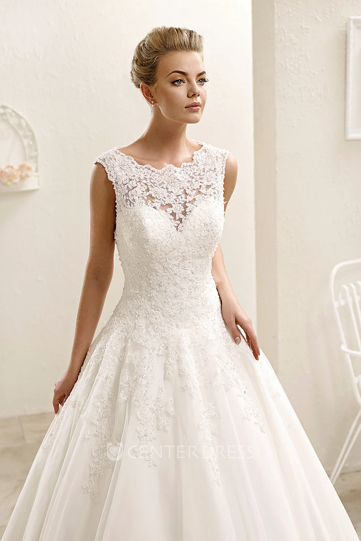 Ball Gown Appliqued Sleeveless Maxi Scoop-Neck Wedding Dress