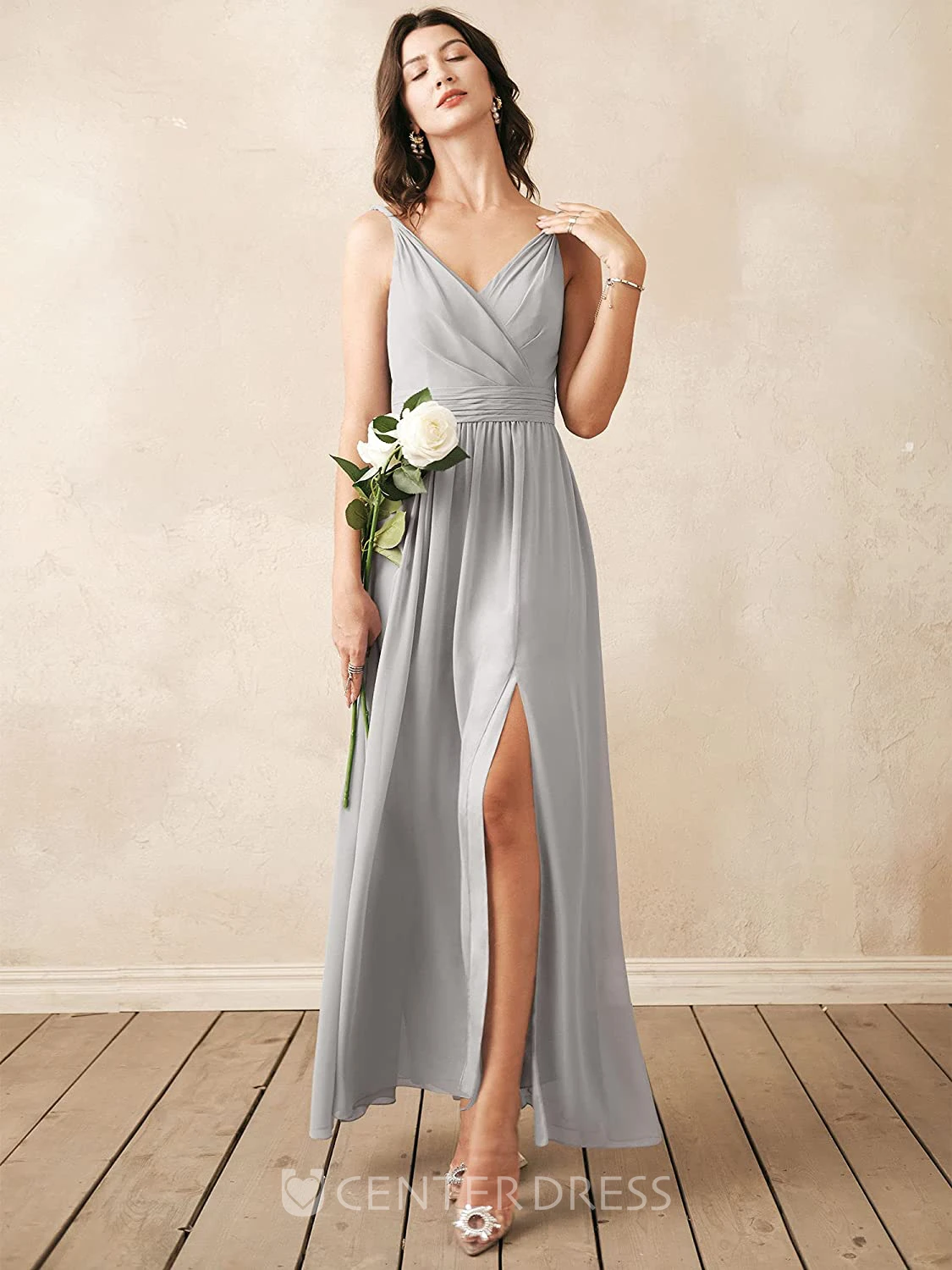 Romantic Chiffon Ankle-length V-neck A Line Sleeveless Bridesmaid Dress With Ruching