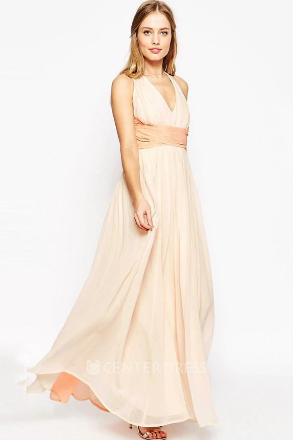 V-Neck Pleated Sleeveless Chiffon Bridesmaid Dress With Straps