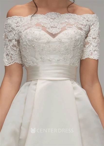 A-Line Off-The-Shoulder Short-Sleeve Satin Wedding Dress With Illusion